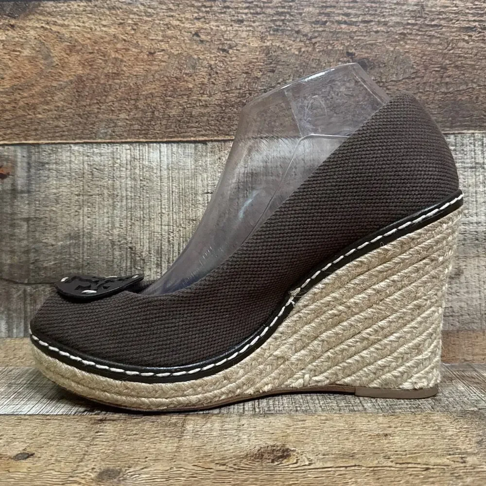 Tory Burch Jackie Brown Canvas Peep Toe Espadrille Wedge Heels Shoes Size 9.5